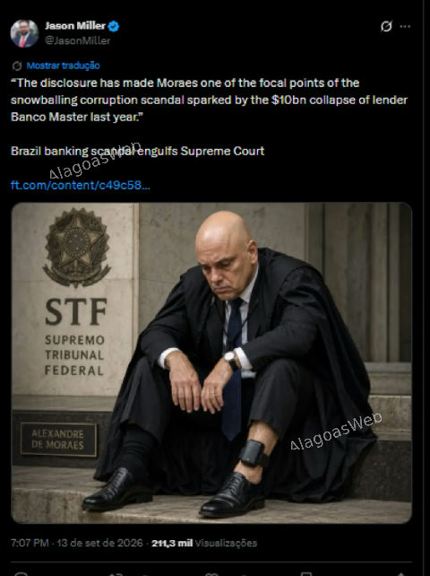 Aliado de Trump publica montagem de Alexandre de Moraes com tornozeleira em meio à crise no STF