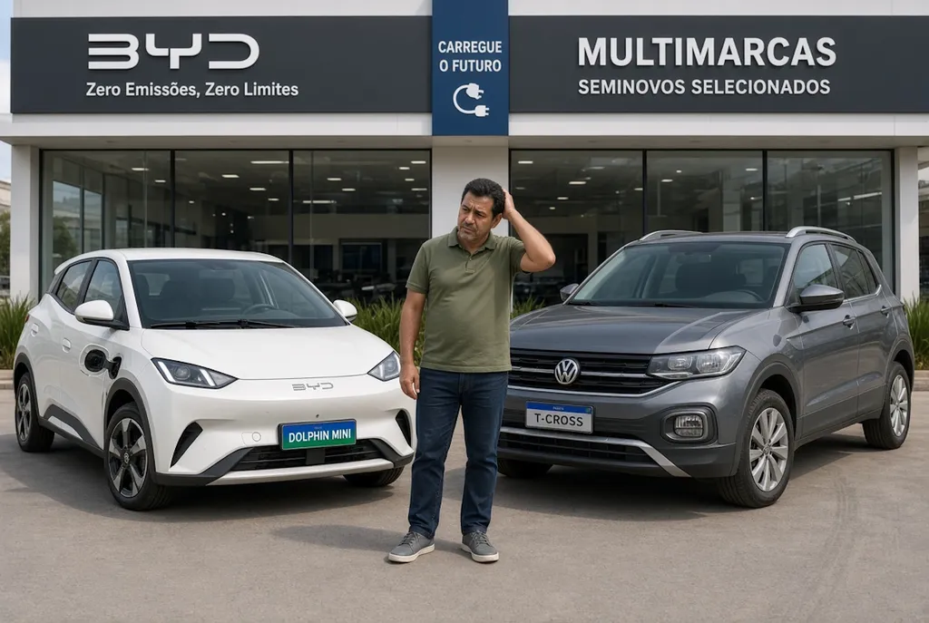 Está em dúvidas se deve comprar um elétrico 0km ou um usado a combustão? CT Auto dá uma forcinha (Imagem gerada por IA sobre fotos de Divulgação/BYD e VW)